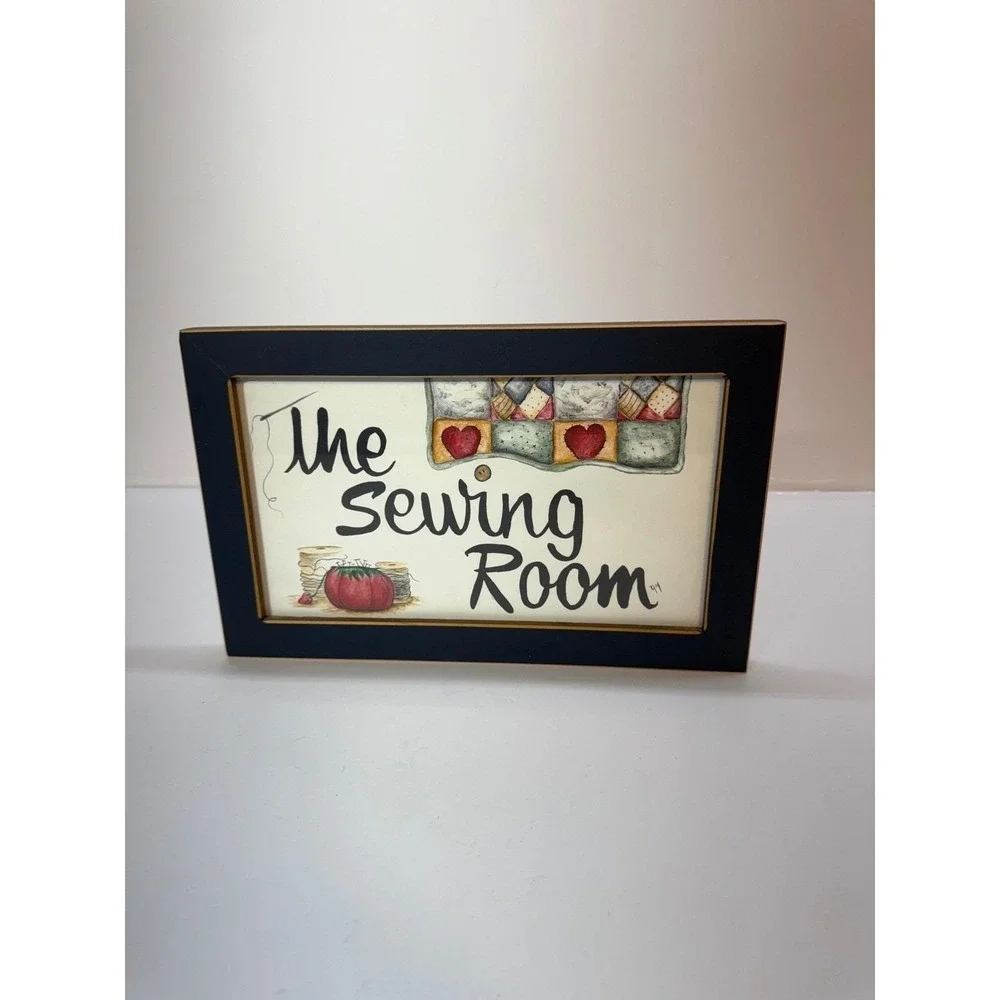 The Sewing Room Framed Wall Art‎ Folk Art Quilt Tomato Pincushion Signed TAM